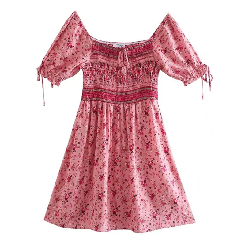 Pink Floral Fantasy Boho Floral Print Mini Dress Cozy Ribbed Mini Dress