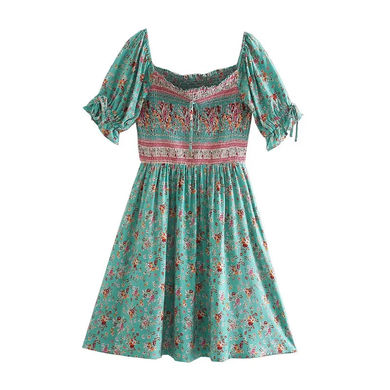 Green Floral Fantasy Boho Floral Print Mini Dress Fashionable Boho-Chic Mini Dress