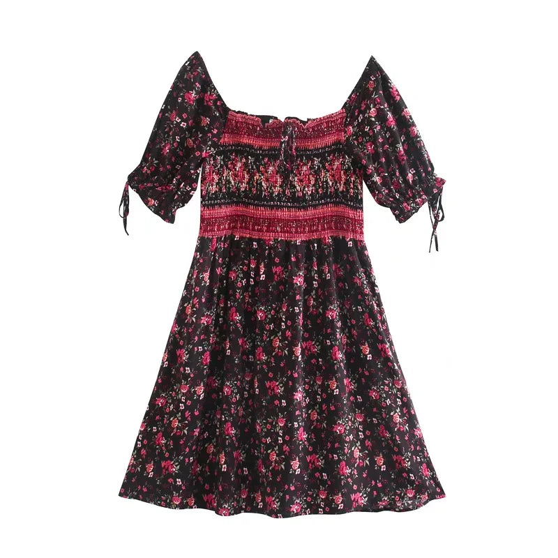 Black Floral Fantasy Boho Floral Print Mini Dress Stylish Sweetheart Mini Dress