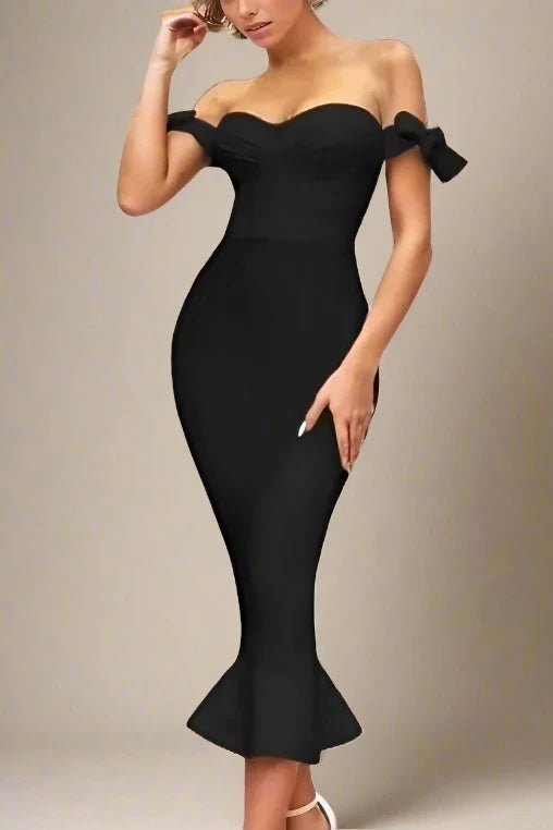 Hunter Bandage Midi Dress - Classic Black Elegant Satin Button Midi Dress