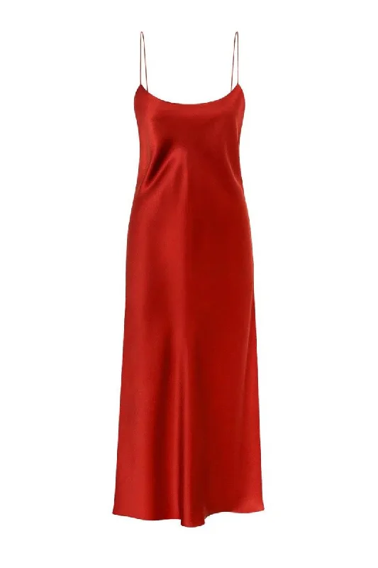 JOSEY CHILI SCOOP-NECK SILK SATIN MIDI DRESS Trendy Off-Shoulder Ruffle Midi Dress