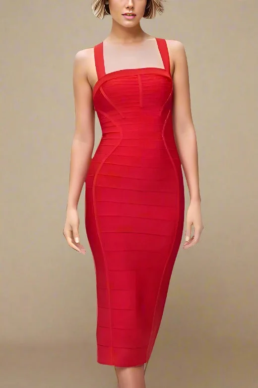 Kendall Bandage Midi Dress - Lipstick Red Trendy Tiered Hem Midi Dress