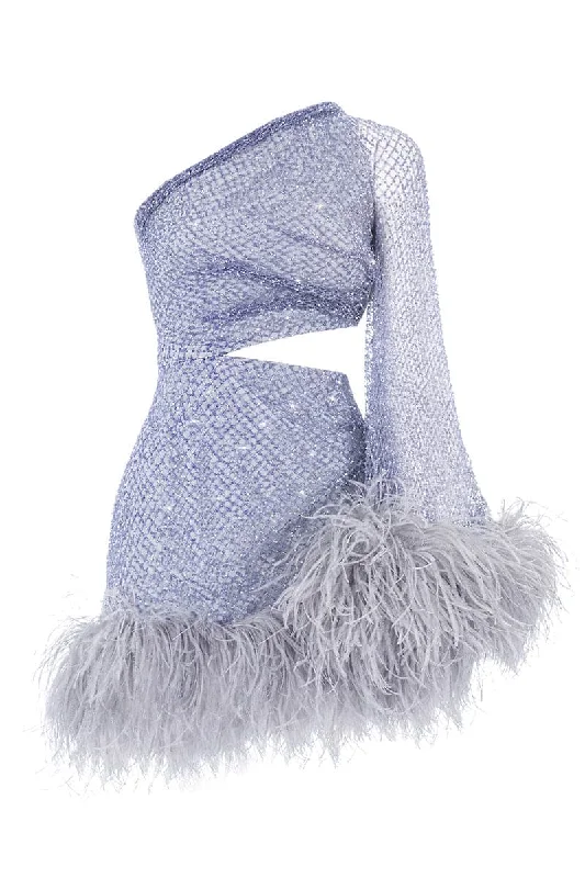 LAVENDER CRYSTAL FEATHERED MINI DRESS Trendy Lace Mini Dress