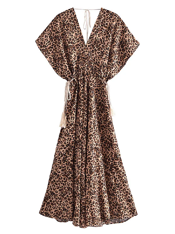 Wild Grace Boho Leopard Print Midi Dress Elegant Pleated Sleeve Midi Dress