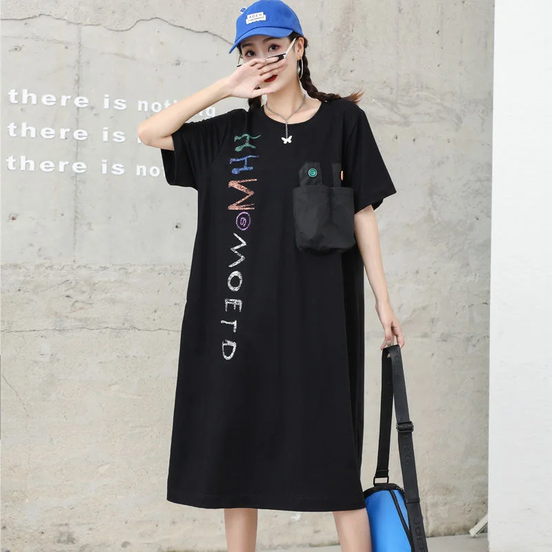 Letter Designed Summer Short Sleeves Plus Sizes Midi Dresses Fashionable Chiffon Midi Dress