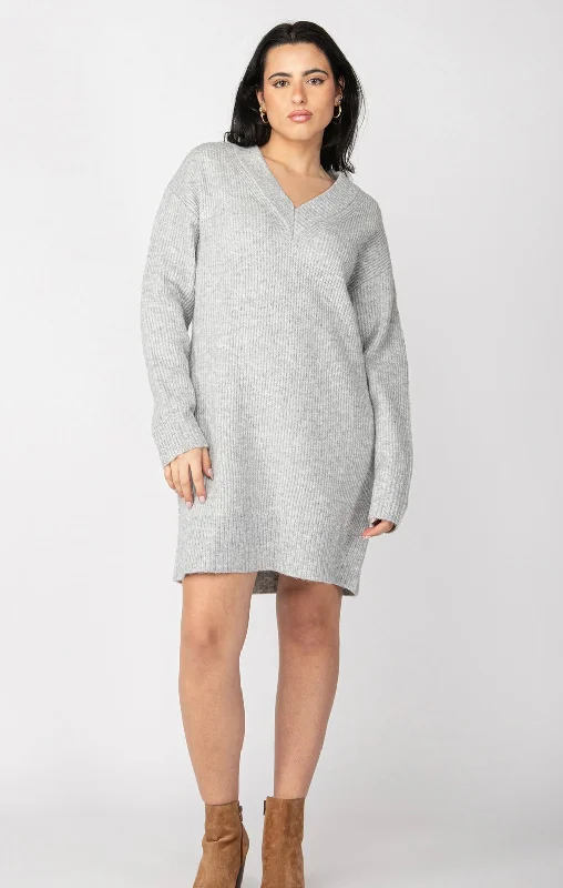 Light Gray Melange VNeck Mini Dress Stylish Ribbed Mini Dress