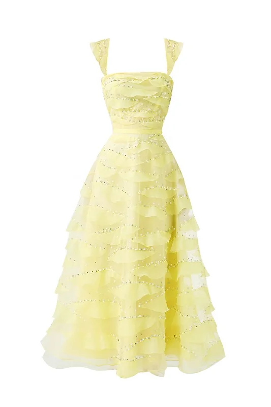 LIGHT YELLOW ORGANZA LAYERED MIDI DRESS Fashionable High-Low Midi Dress