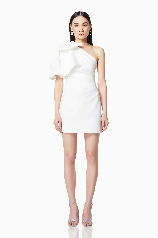 Marseilles 3D Bow Mini Dress In White Comfortable Fit-and-Flare Mini Dress