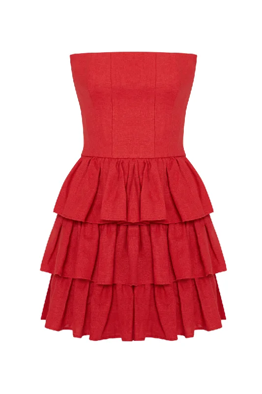 MILA GOJI RED STRAPLESS LINEN RUFFLE MINI DRESS Comfortable Bodycon Mini Dress