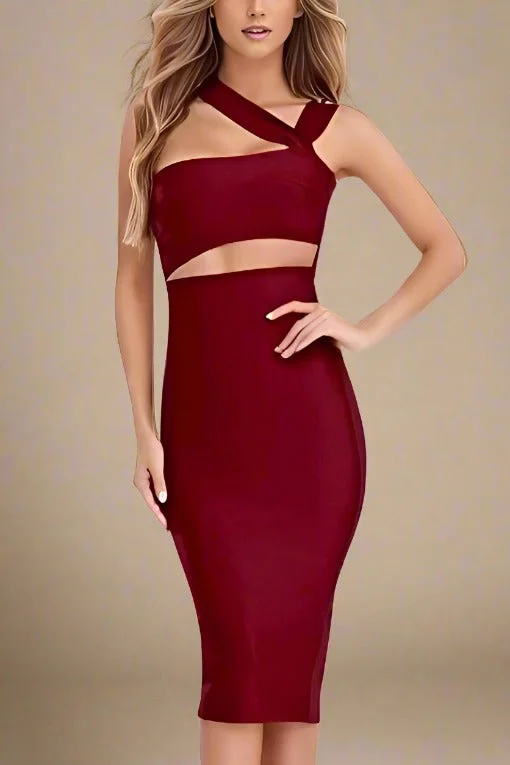 Molly Bandage Midi Dress - Red Wine Fashionable Sheer Sleeve Midi Dress