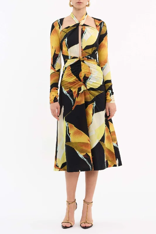 PETALS OF PARADISE LONG SLEEVE MIDI DRESS Comfortable Geometric Print Midi Dress