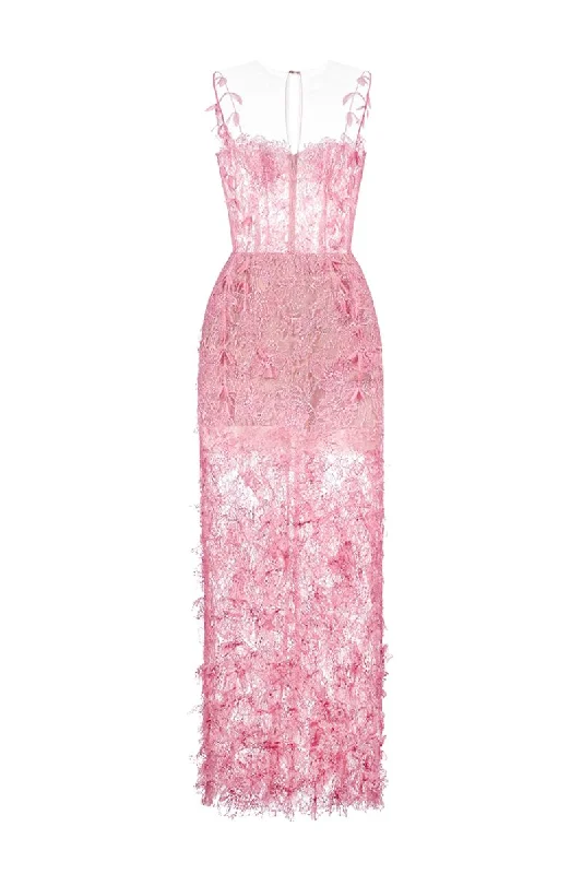 PINK BEADED LACE PENCIL MIDI DRESS Chic Off-Shoulder Midi Dress