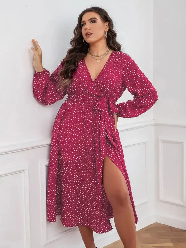 Blue Zone Planet |  Plus size polka dot long sleeve midi dress Stylish Long Sleeve Floral Midi Dress