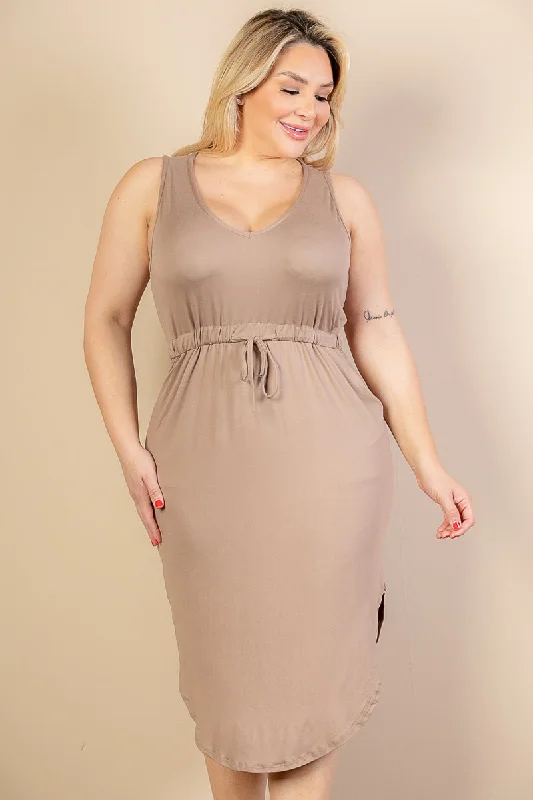 Curvy Drawstring Sleeveless Midi Dress Cozy Spaghetti Strap Midi Dress