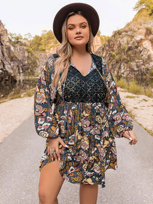 Plus Size Floral Tie Neck Balloon Sleeve Mini Dress Trendy A-Line Mini Dress