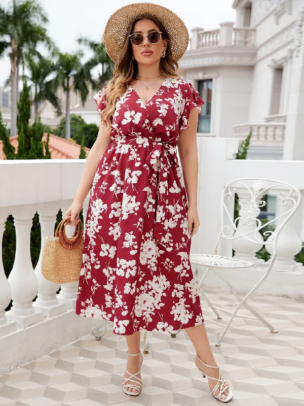 Let's Keep It Simple Plus Size Floral Tie Waist Surplice Neck Midi Dress Fashionable Pencil Midi Dress