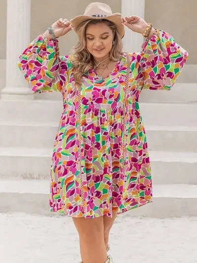 Blue Zone Planet |  Plus Size Printed V-Neck Balloon Sleeve Mini Dress Trendy A-Line Mini Dress