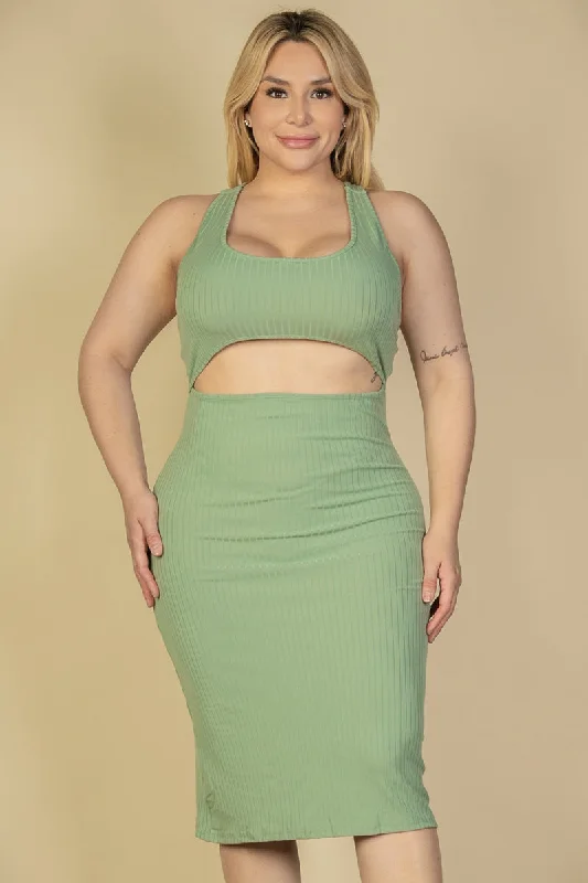 Bodycon Midi Dress in Plus Size Ribbed Fabric with Cutout Front and Crisscross Back Cozy Ribbed Knit Midi Dress