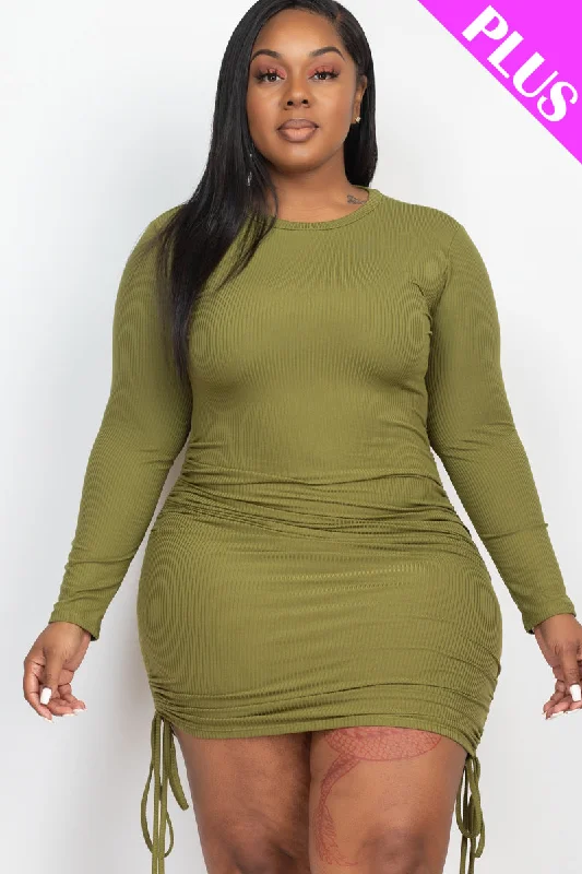 Ribbed Bodycon Midi Dress with Long Sleeves and Drawstring, Plus Size Comfortable Empire Waist Midi Dress