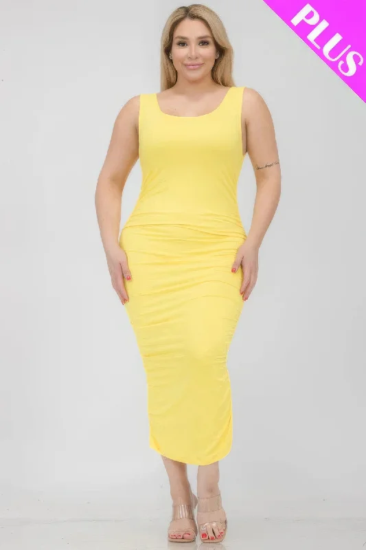 Plus Size Square Neck Ruched Bodycon Midi Dress Stylish High-Waisted Midi Dress