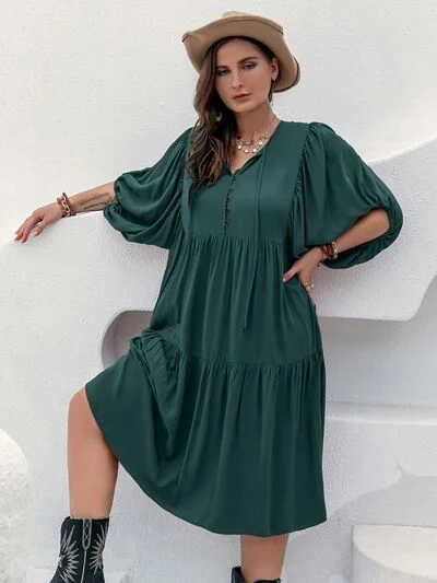 Plus Size Tie Neck Balloon Sleeve Midi Dress Elegant Sleeveless Midi Dress