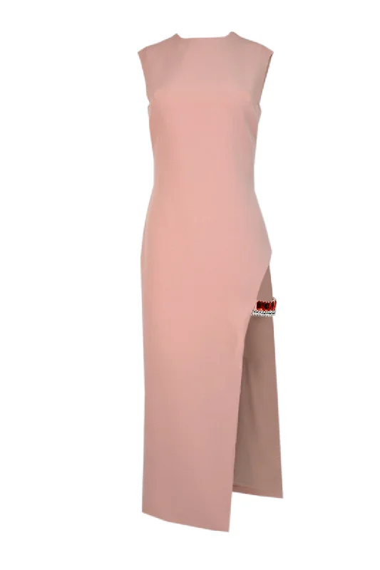 POWDER PINK CRYSTAL-ADORNED MIDI DRESS Fashionable Floral Embroidery Midi Dress