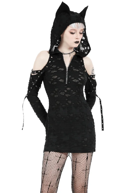 Punk Lace Zip-Up Mini Dress with Hood and Cat Ear Elegant Off-Shoulder Dress Mini