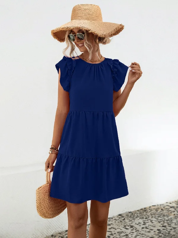 Blue Zone Planet |  Ruffled Round Neck Cap Sleeve Mini Dress Trendy Lace Mini Dress