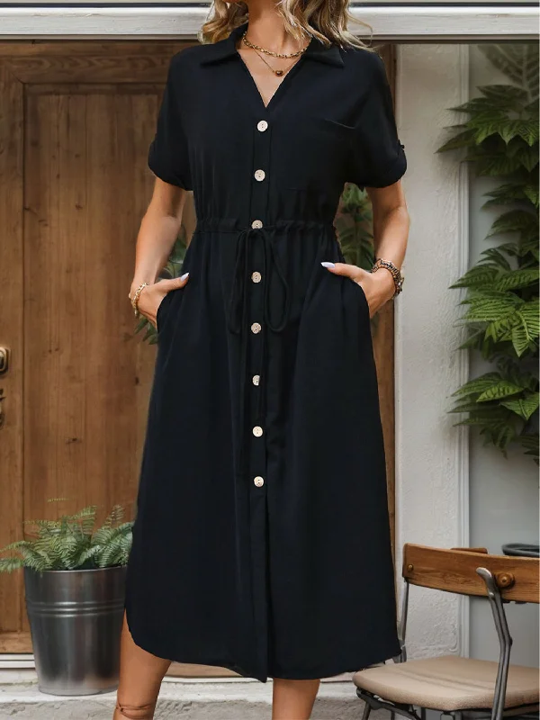 Slit Drawstring Button Up Short Sleeve Midi Dress Stylish Midi Dress with Cuffs