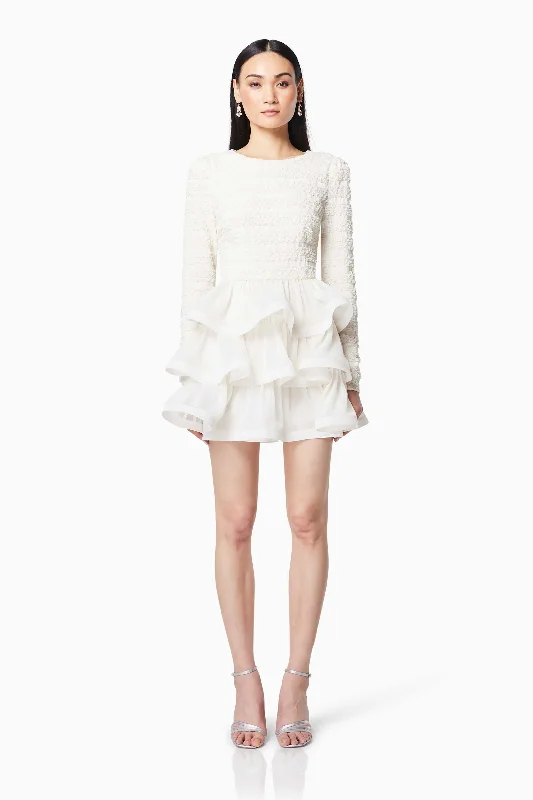 Sophisticate Ruffled Long Sleeved Mini Dress In White Cozy Knit Mini Dress