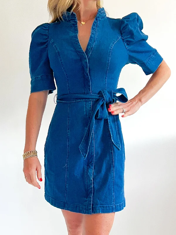 Jamie Denim Puff Belted Mini Dress Cozy Knitted Mini Dress