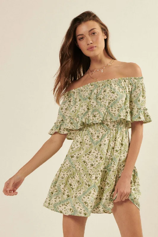 Sun Garden Floral Off-Shoulder Flounce Mini Dress Trendy Cut-Out Mini Dress