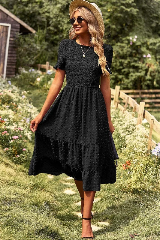 Swiss Dot Smocked Round Neck Short Sleeve Midi Dress Fashionable Pleated Midi Dress