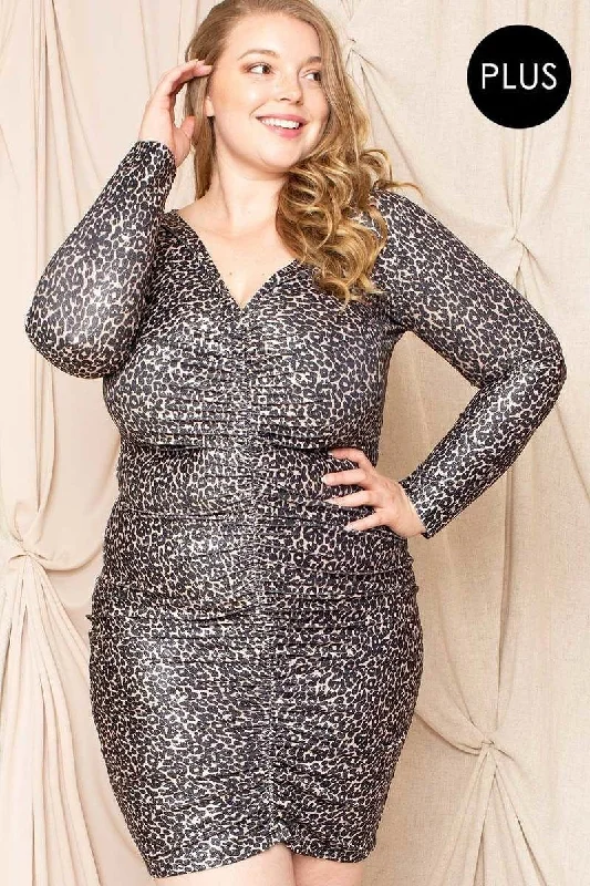 Leopard Print Shirring Plus Size Mini Dress Trendy Mini Dress with Belt