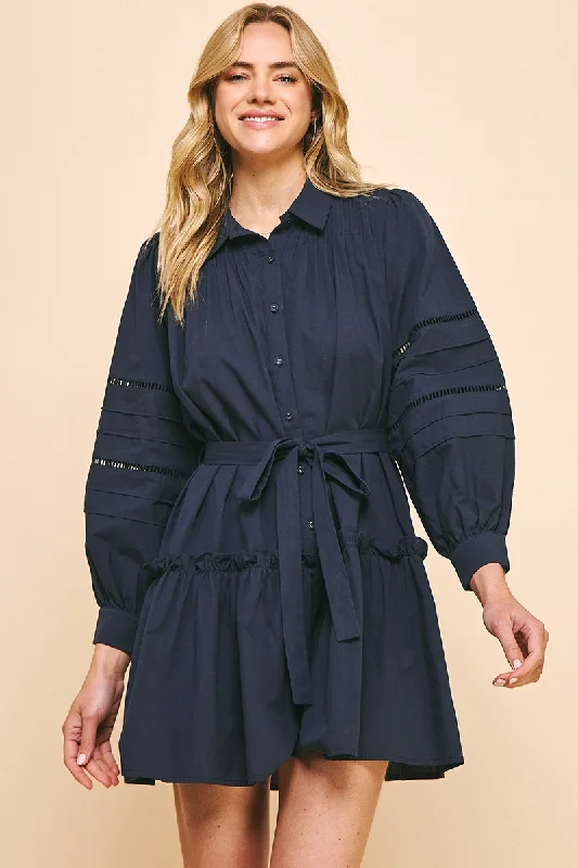 Take a Chance Buttondown Belted Mini Dress - Navy Ink Chic Tropical Mini Dress