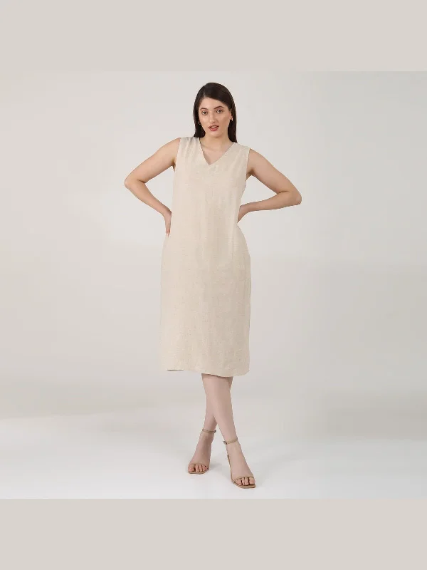 Solid Linen Midi Dress Beige Fashionable High-Neck Midi Dress