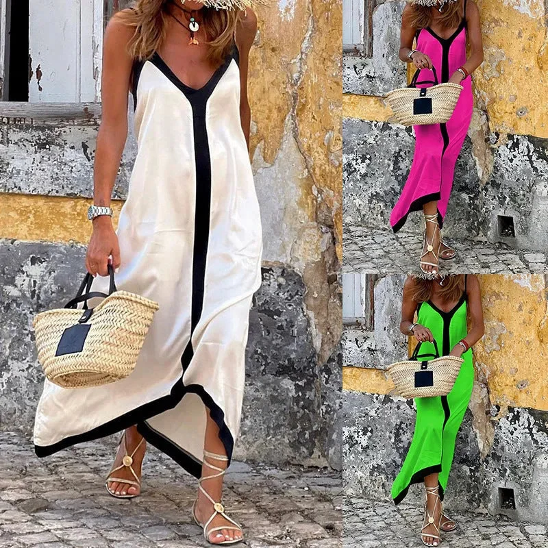 Women's Fashionable Casual Solid Color Spaghetti Straps Sleeveless V-neck Midi Dress Trendy Off-Shoulder Button Midi Dress