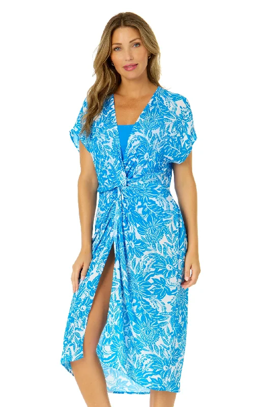 Women's Midnight Floral V Neck Twist Front Midi Dress Cover Up Stylish Cold Shoulder Midi Dress