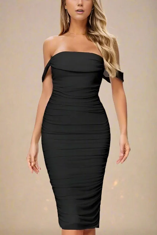 Zia Bodycon Wrap Midi Dress - Classic Black Elegant Maxi-Midi Hybrid Dress