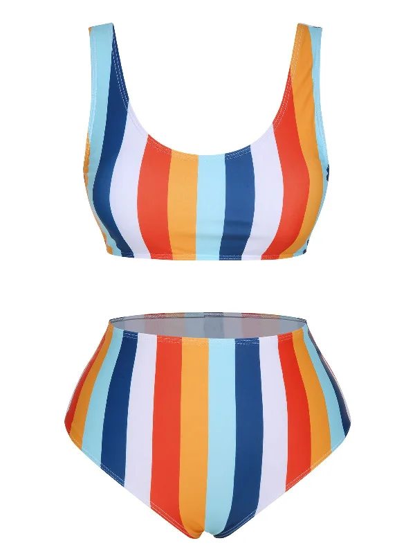 1930s Scoop Neck Rainbow Striped Swimsuit Set Modern High-Waisted Swimsuit