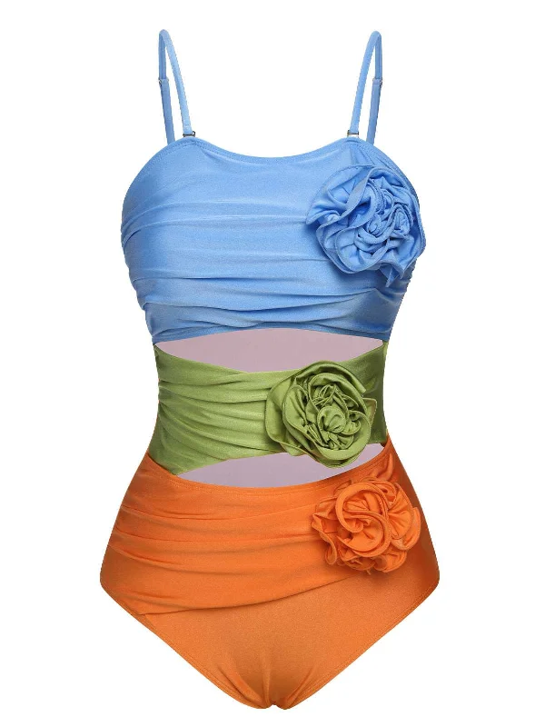 1930s Spaghetti Strap Contrast 3D Flower One-Piece Swimsuit Elegant Ruffle Swimsuit