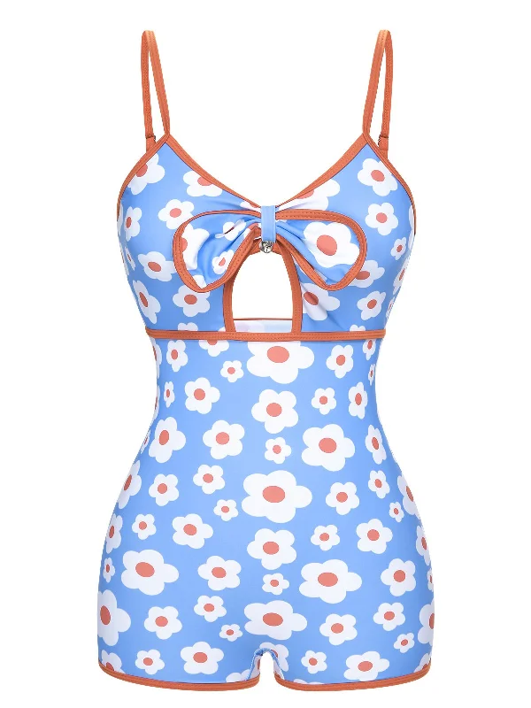 1930s Spaghetti Straps Cartoon Flowers Boxer Swimsuit Classic Sporty Swimsuit