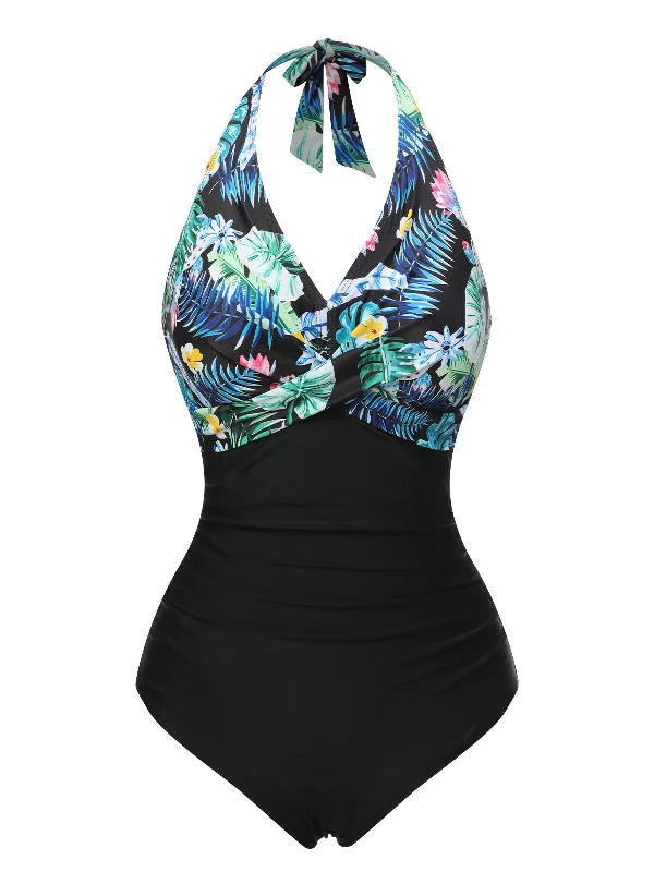 1930s Tropical Plants Lace-Up Halter Swimsuit Tropical Print Bikini