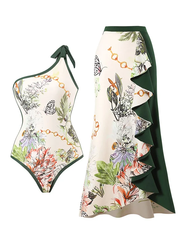 1940s Floral One Shoulder Swimsuit & Cover Up Swimsuit with Skirt