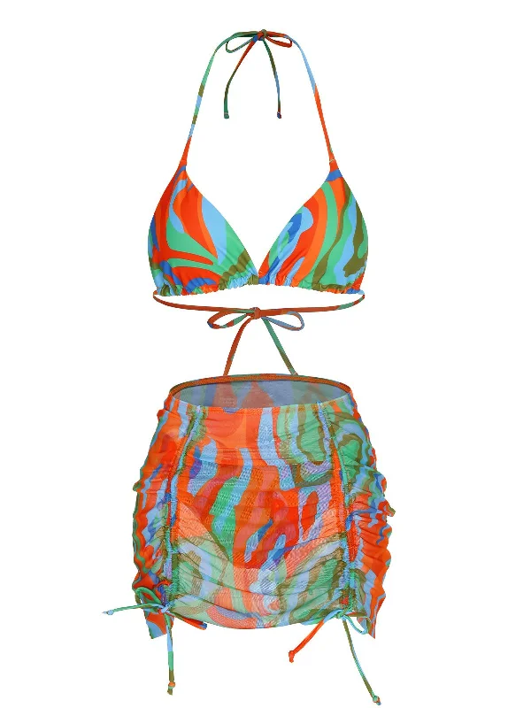 1950s Colorful Swimsuit & Drawstring Skirt Cover Up Mesh Swimsuit Top