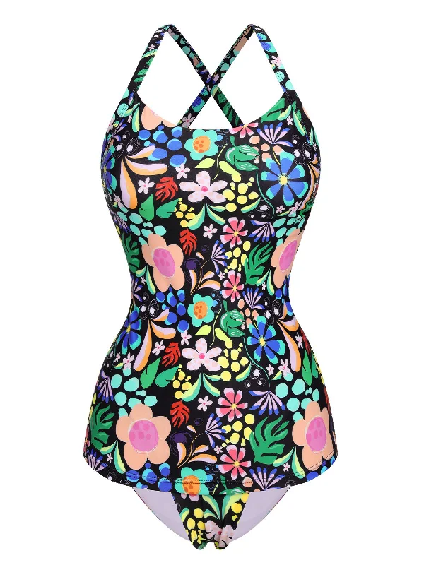 1950s Hippie Floral Strap One-Piece Swimsuit Beach Ready Swimsuit