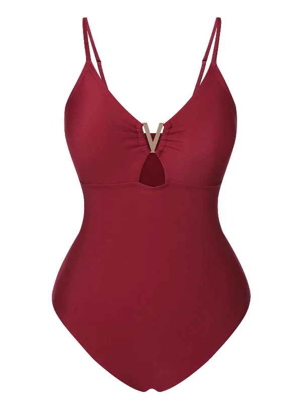 1950s Solid Hollow V-Neck One-Piece Swimsuit High-Cut One-Piece