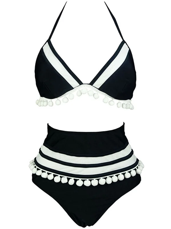 1970s Halter Patchwork Pom Pom Swimsuit Comfortable Tankini Set