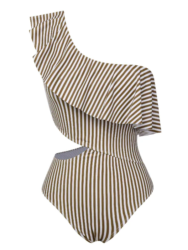 1970s One-Shoulder Stripes Ruffles One-Piece Swimsuit Fun Pattern Swimsuit