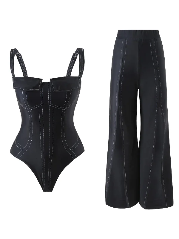 2PCS Black 1940s Gothic Straps Swimsuit & Pants Adjustable Swim Top